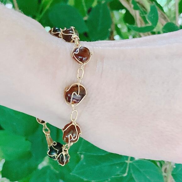 VTG Agate Quartz Gemstone Bracelet 1960s 1970s Artisan Gold Tone Wire Wrapped - Picture 12 of 13